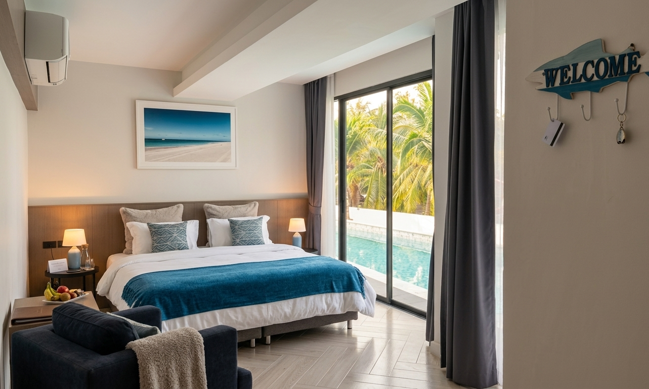 Sand Dance Hotel room interior with pool and palm view